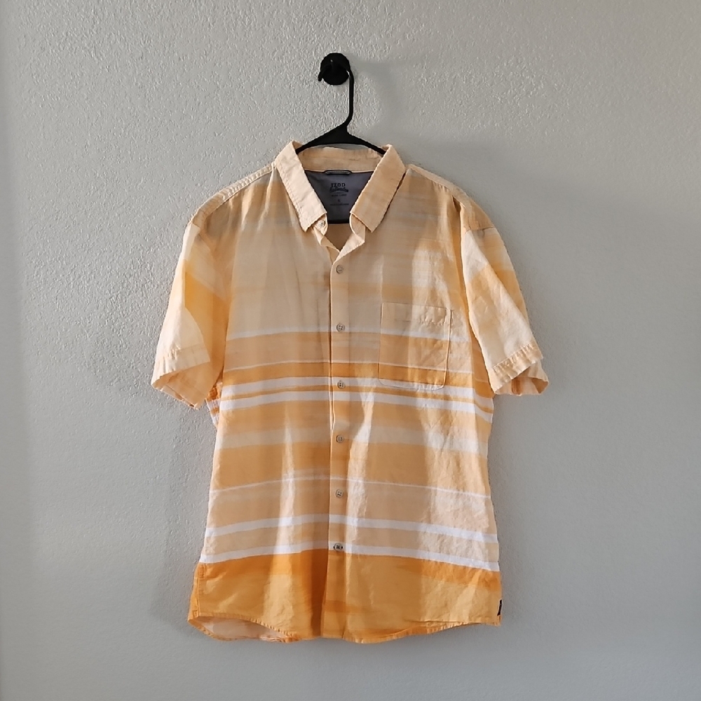 IZOD Men's Casual Button Down Shirt Short Sleeve Pocket Stripes Orange XL